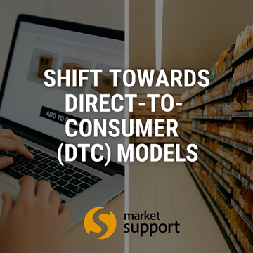 faded background image with laptop and retail aisle with words in white SHIFT TOWARDS DIRECT-TO-CONSUMER (DTC) MODELS