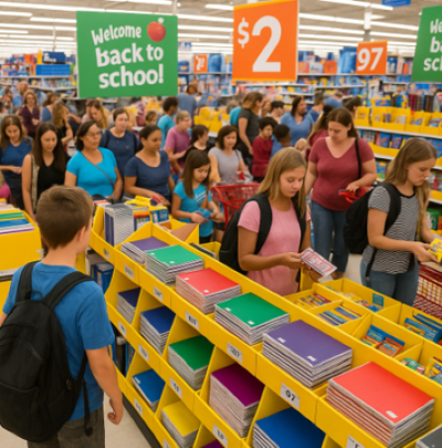 image of a full retail store full of back to school merchandising supplies